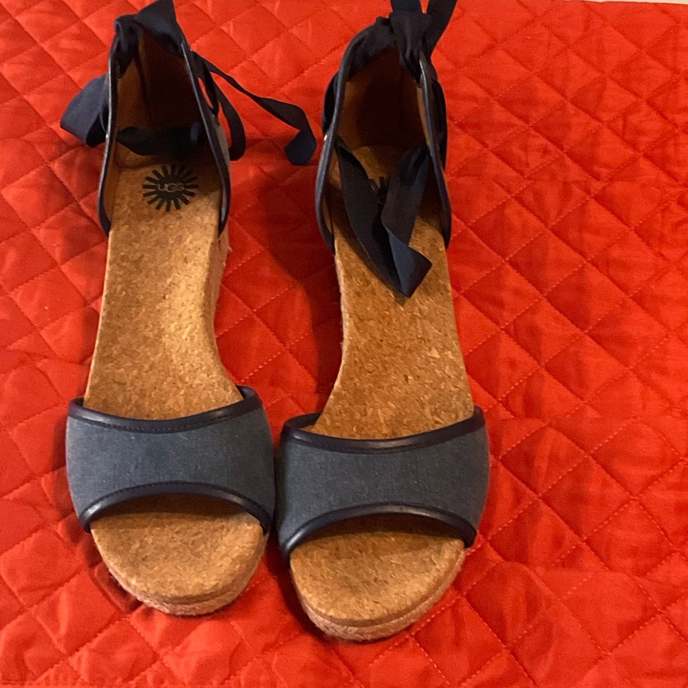 UGG Navy Blue Cork Wedge Espadrilles with Ankle Tie